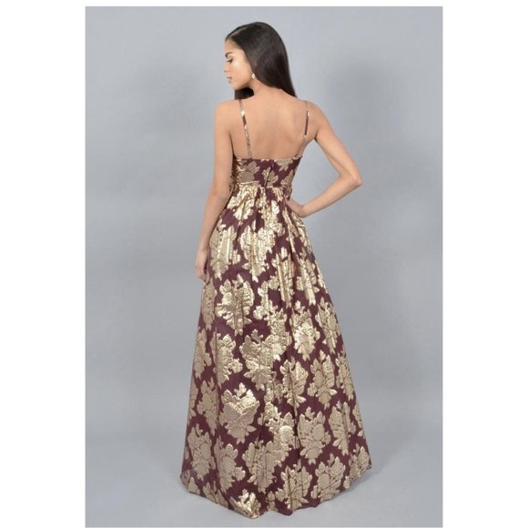 Dear Moon Formal Dress Sz 3 Burgundy Metallic Gold Floral Print Maxi V-Neck - Picture 5 of 10